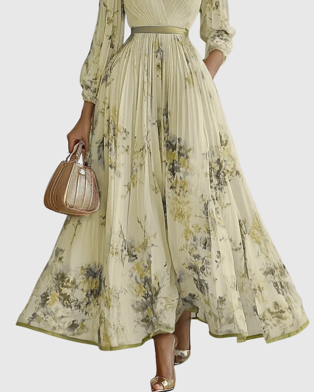 Vestido midi con cuello en v — falda plisada y bolsillos — eventos