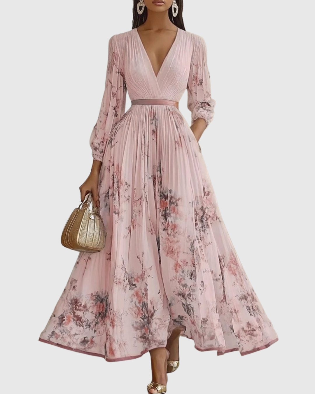 Vestido midi con cuello en v — falda plisada y bolsillos — eventos