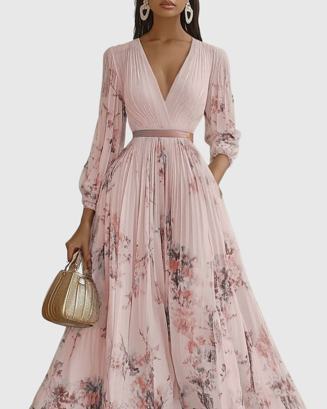 Vestido midi con cuello en v — falda plisada y bolsillos — eventos