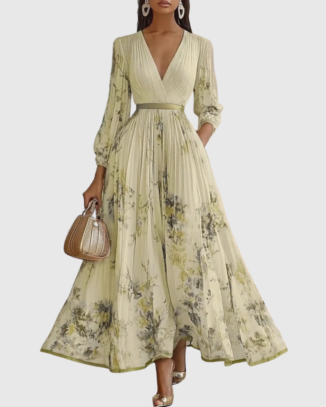 Vestido midi con cuello en v — falda plisada y bolsillos — eventos