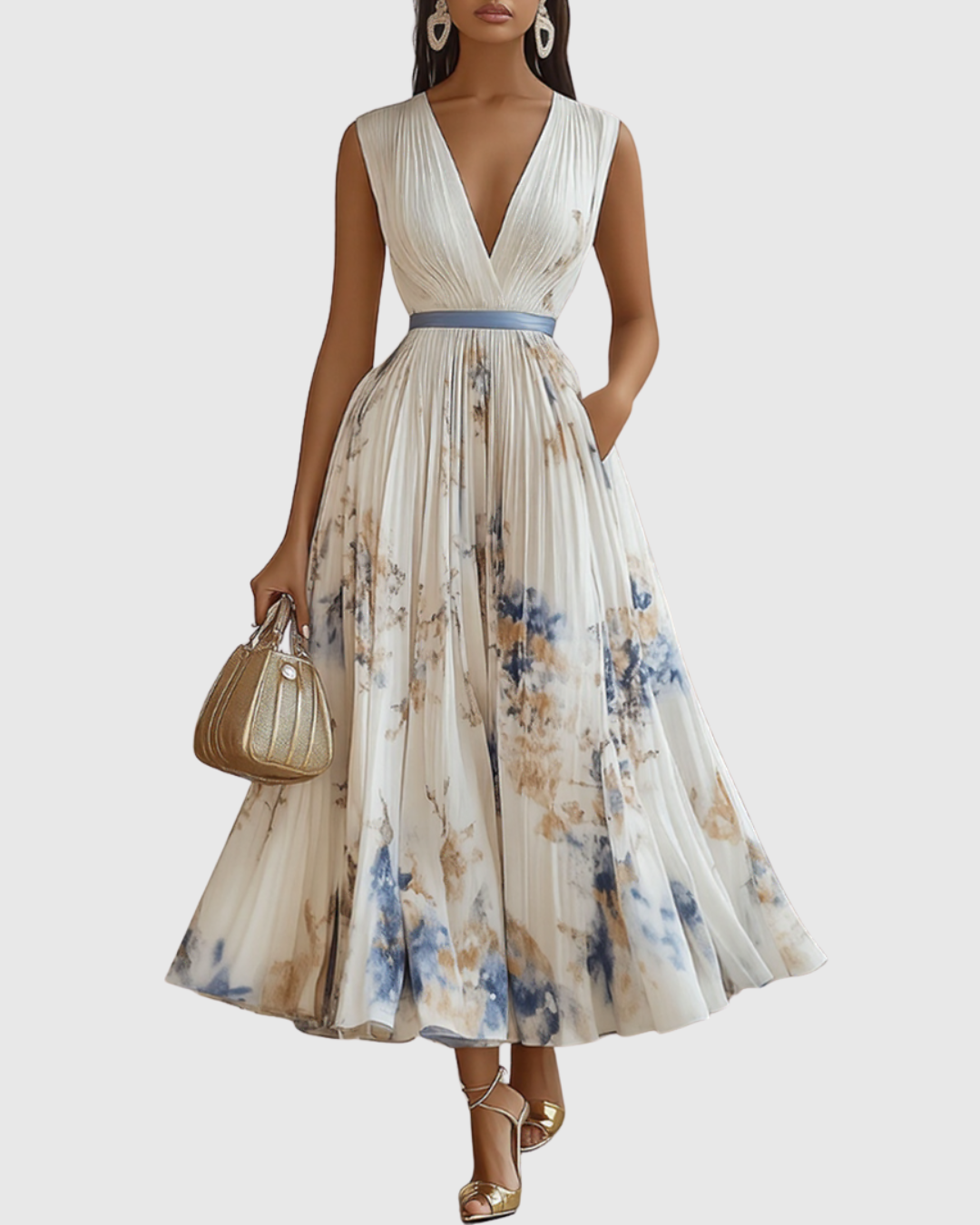 Vestido midi con cuello en v — falda plisada y bolsillos — eventos