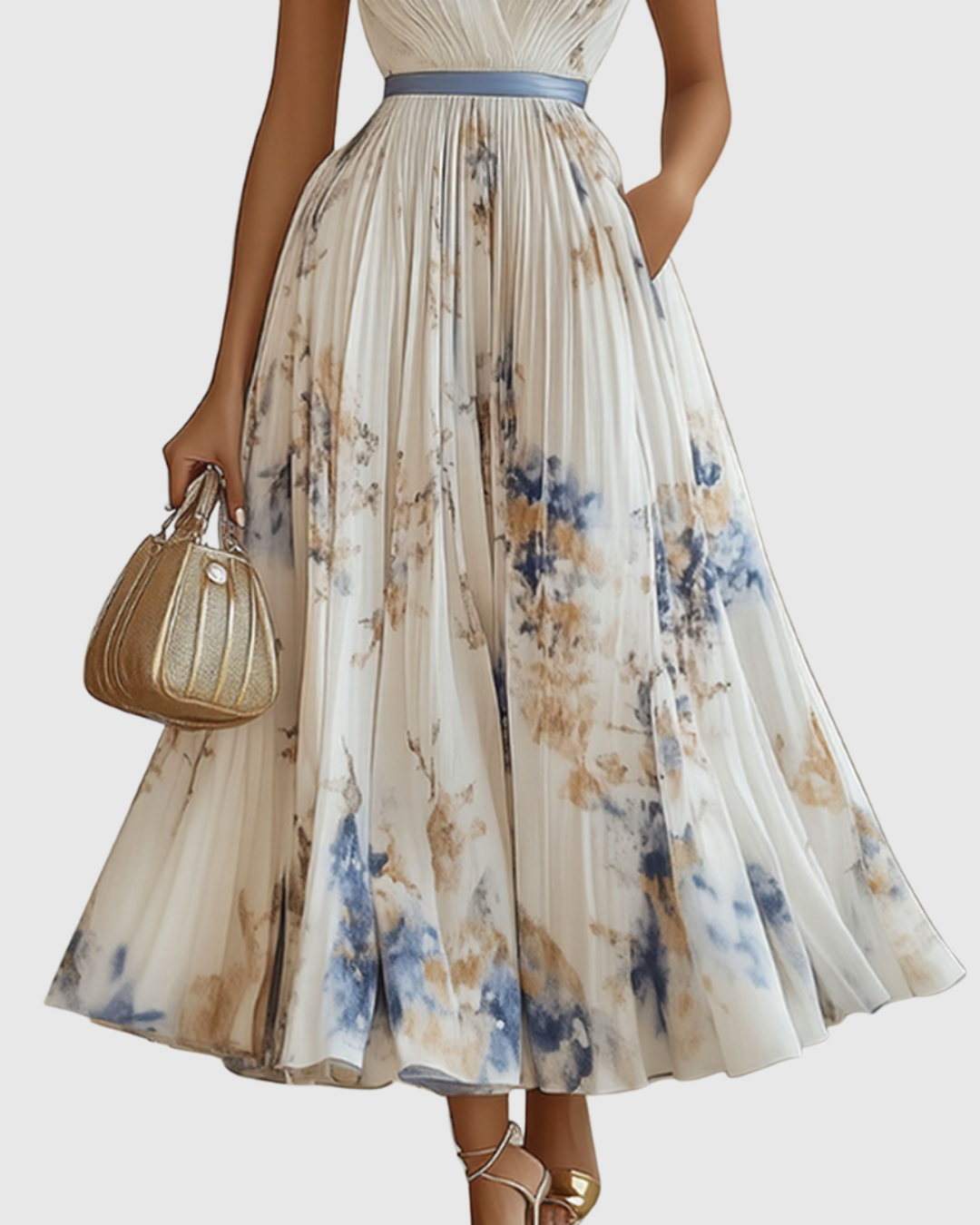 Vestido midi con cuello en v — falda plisada y bolsillos — eventos