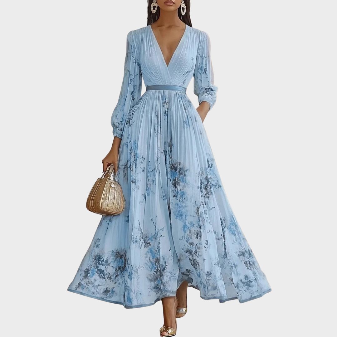 Vestido midi con cuello en v — falda plisada y bolsillos — eventos