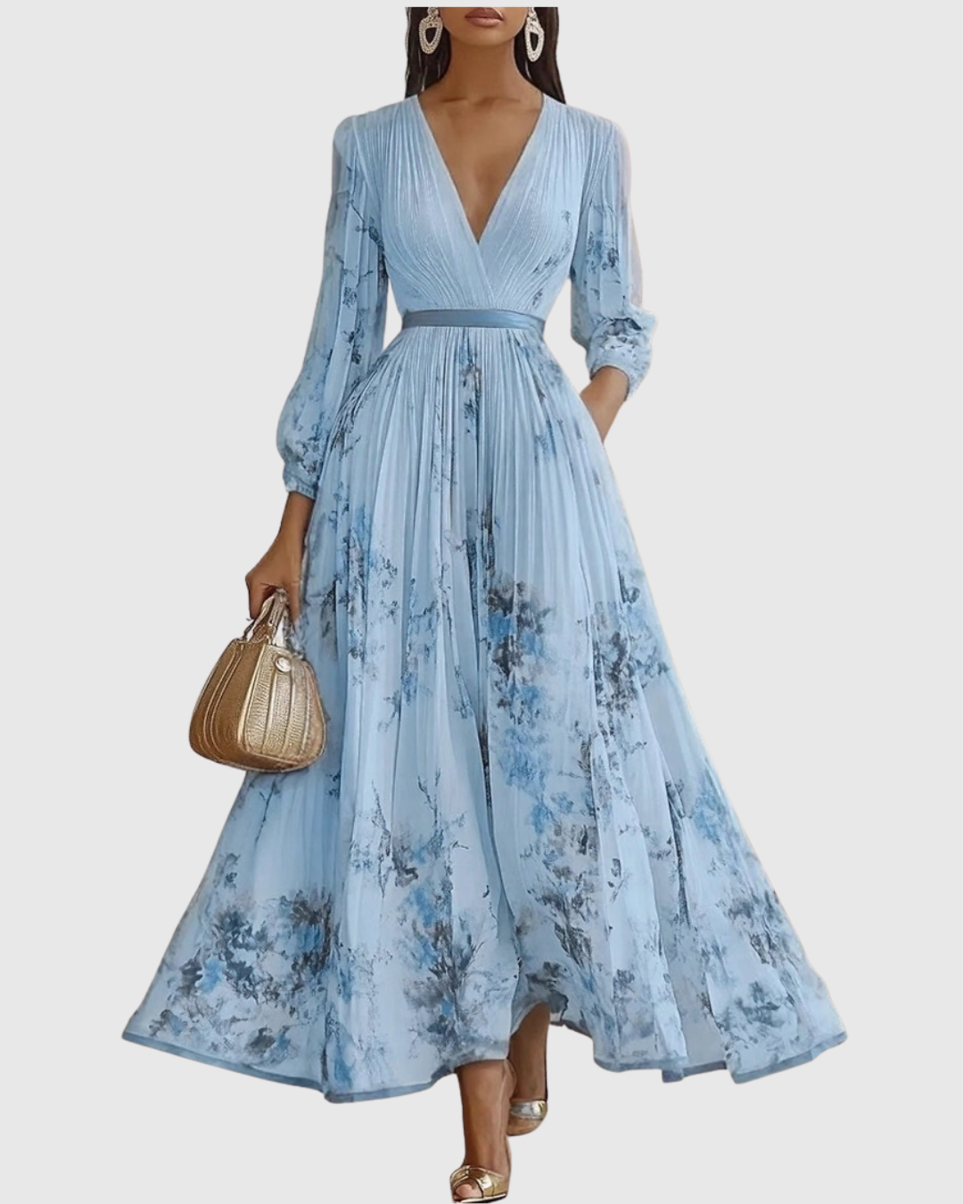 Vestido midi con cuello en v — falda plisada y bolsillos — eventos