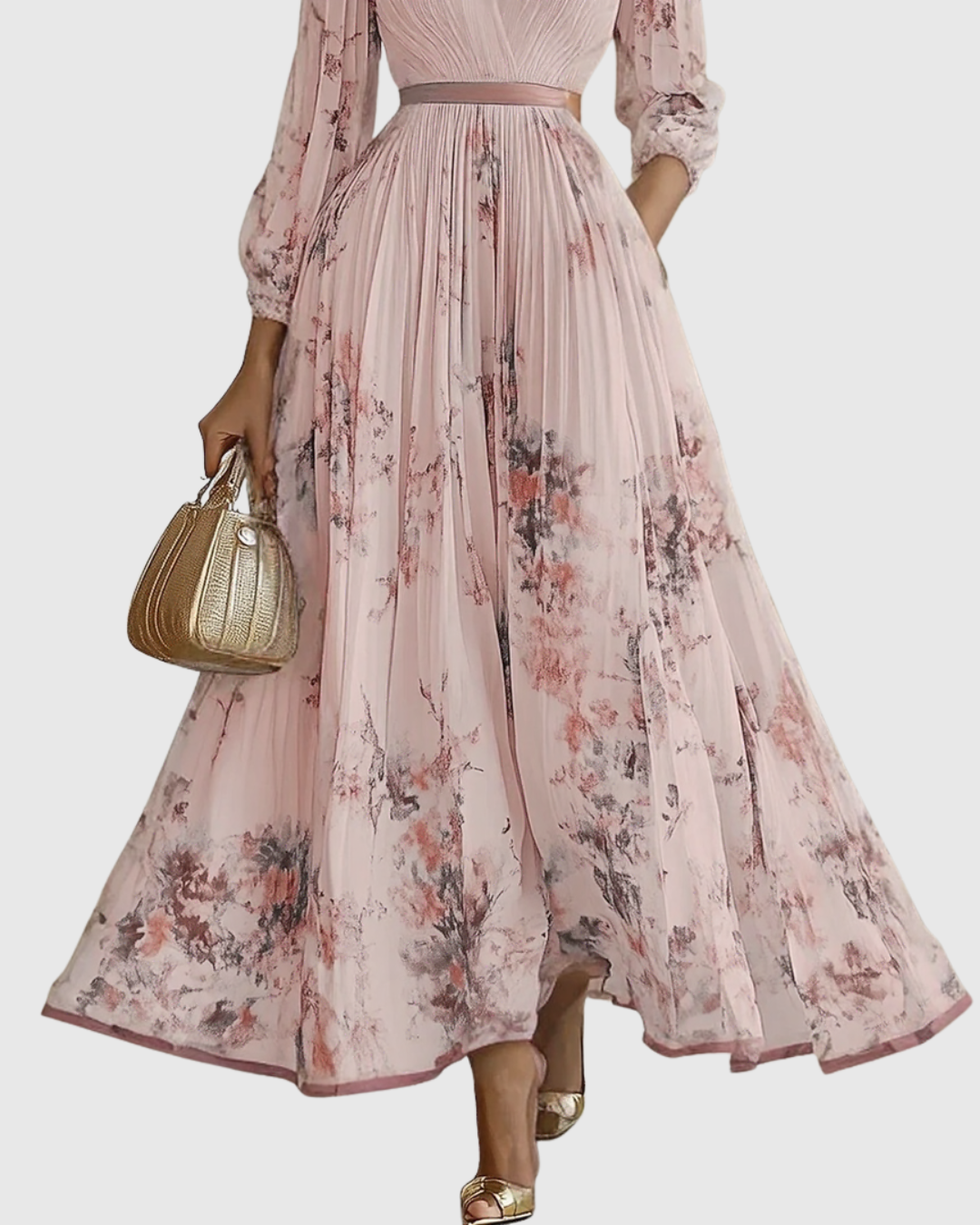 Vestido midi con cuello en v — falda plisada y bolsillos — eventos