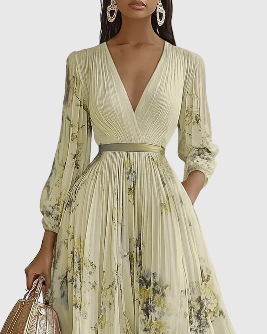 Vestido midi con cuello en v — falda plisada y bolsillos — eventos