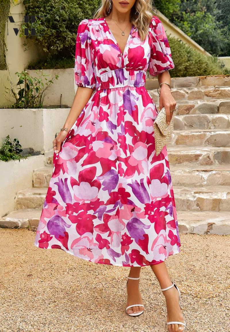 Vestido midi para mujer - falda evasé con escote en V - casual
