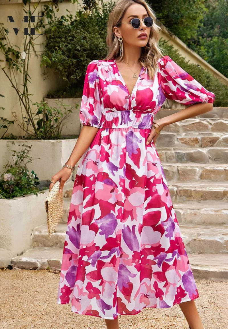 Vestido midi para mujer - falda evasé con escote en V - casual