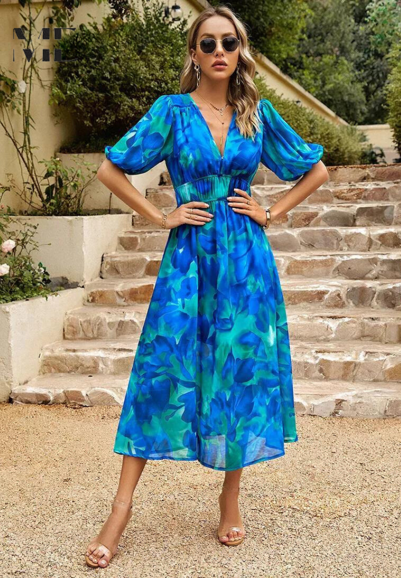 Vestido midi para mujer - falda evasé con escote en V - casual