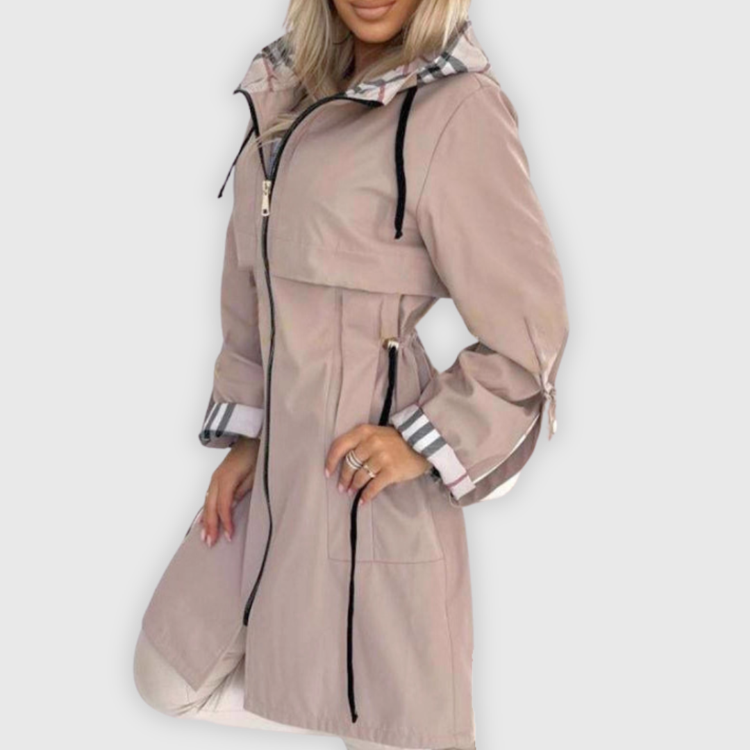 Chaqueta Impermeable Larga de Mujer con Capucha y Forro de Cuadros