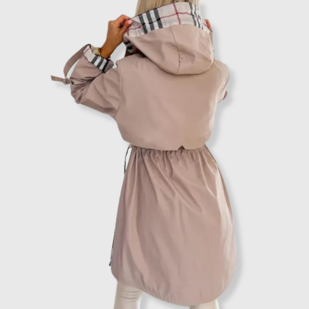 Chaqueta Impermeable Larga de Mujer con Capucha y Forro de Cuadros