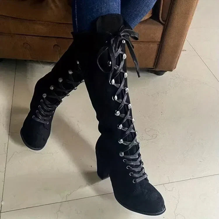 Botas Altas de Mujer con Cordones y Tacón Ancho de Estilo Vintage