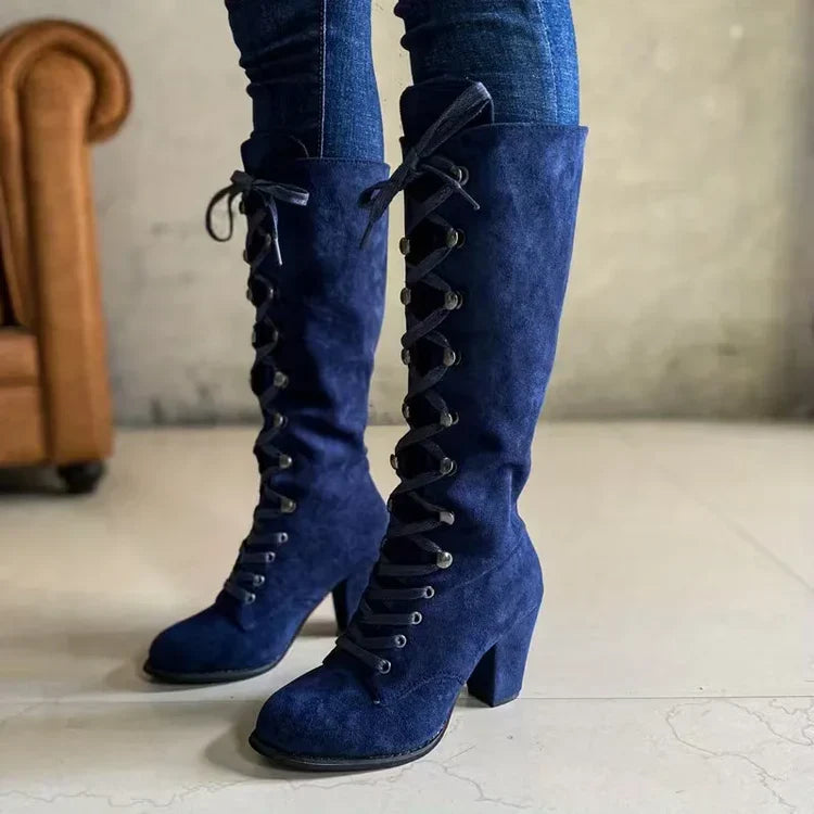 Botas Altas de Mujer con Cordones y Tacón Ancho de Estilo Vintage