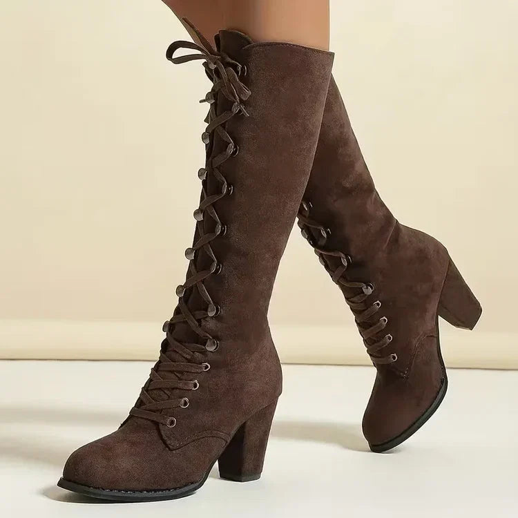 Botas Altas de Mujer con Cordones y Tacón Ancho de Estilo Vintage