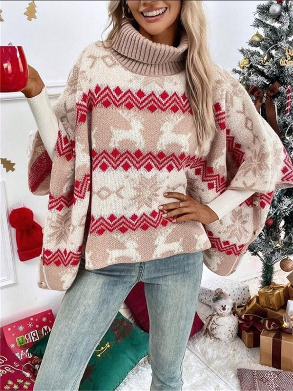 Suéter Poncho de Mujer con Cuello Alto Doblado y Motivos de Renos Fair Isle