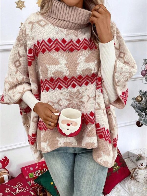 Suéter Poncho de Mujer con Cuello Alto Doblado y Motivos de Renos Fair Isle