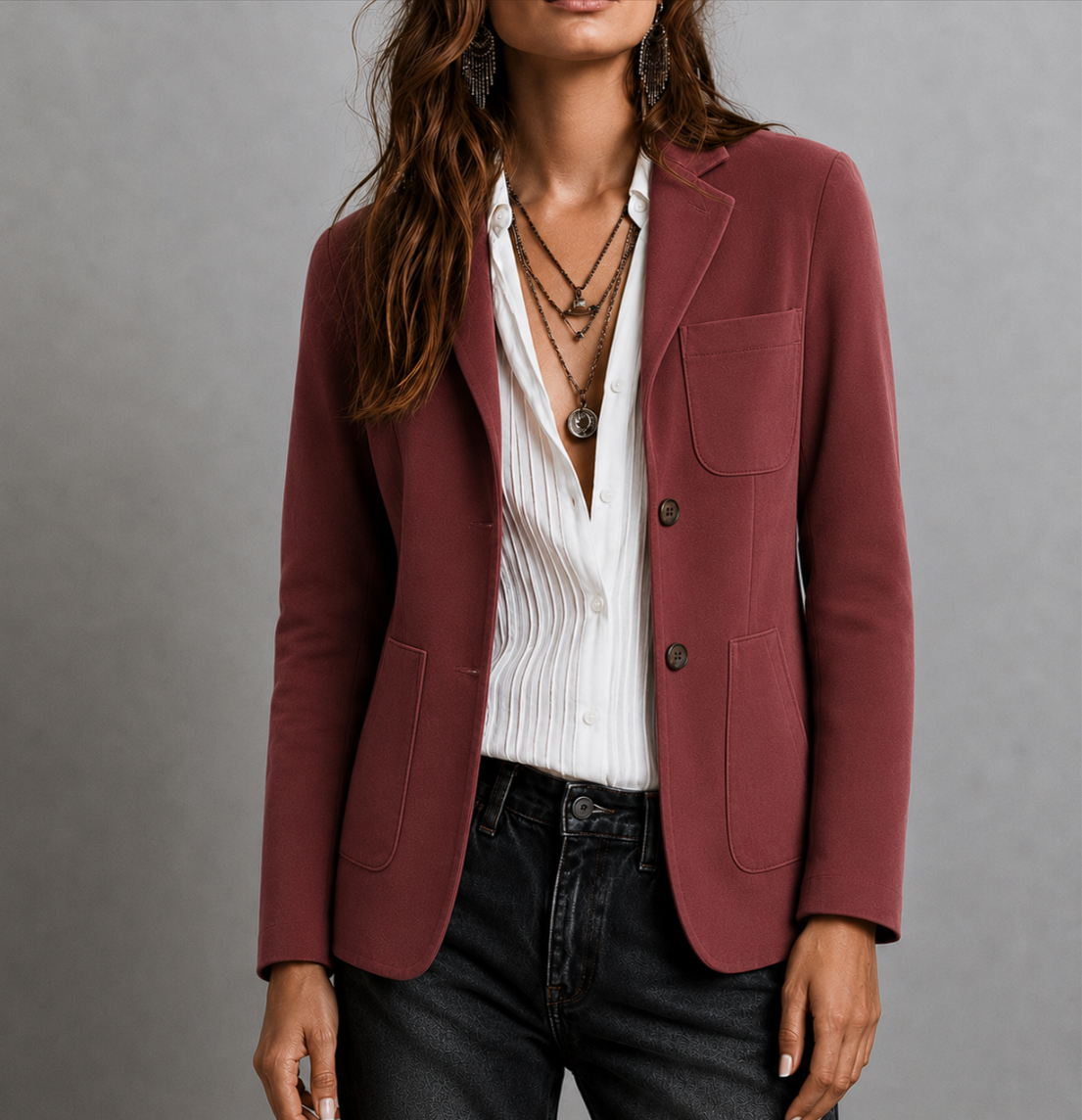 Chaqueta de Ante para Mujer con Solapa de Muesca y Bolsillos de Parche