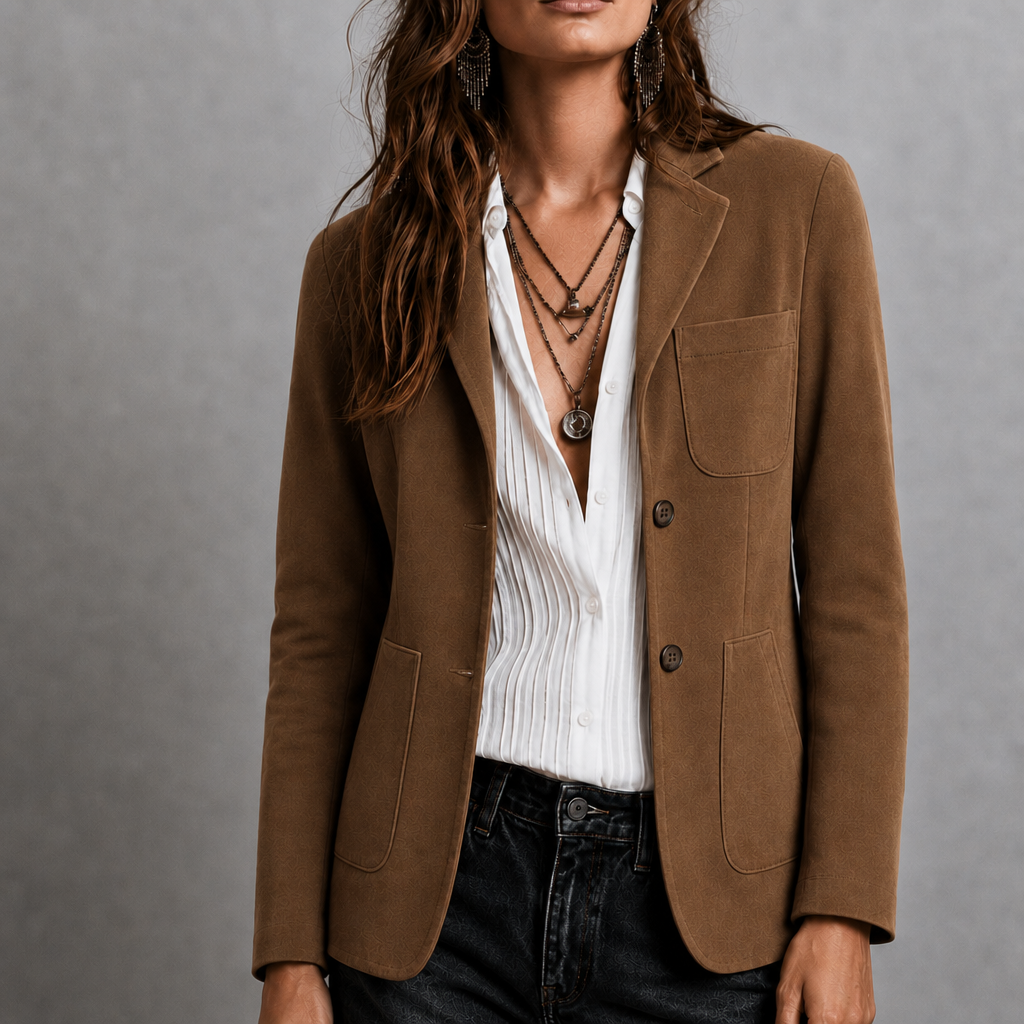 Chaqueta de Ante para Mujer con Solapa de Muesca y Bolsillos de Parche