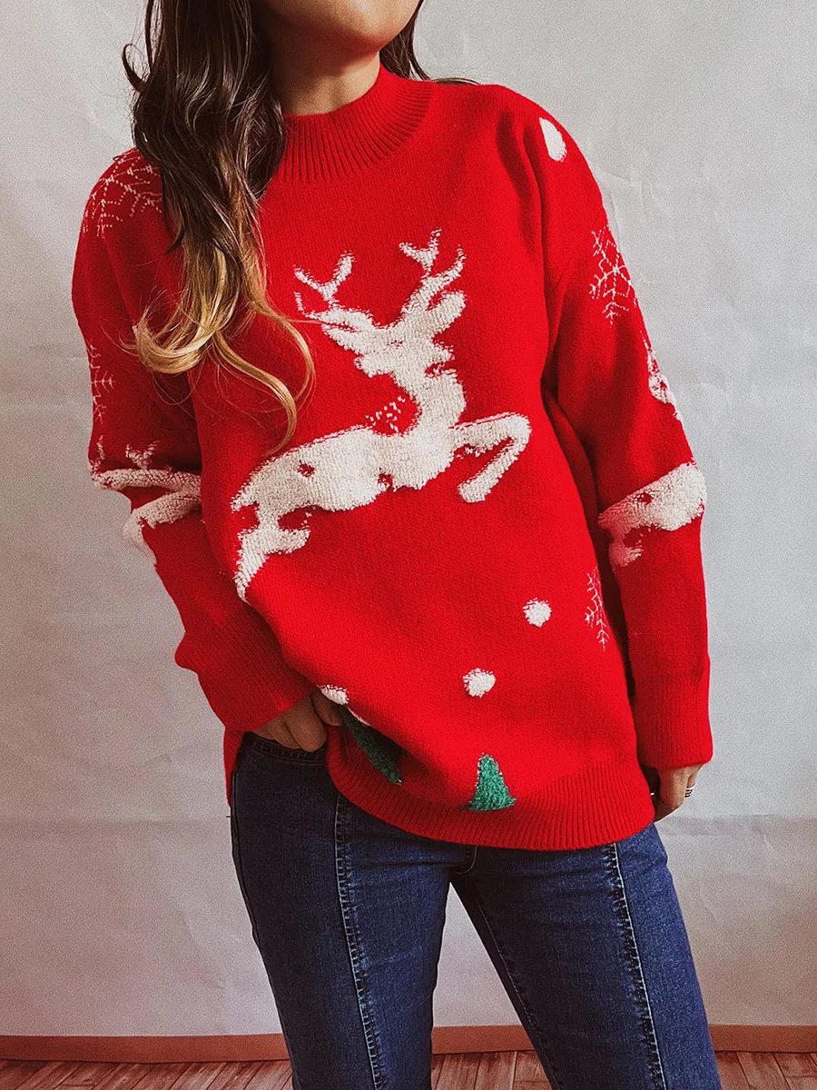 Jersey Navideño de Punto para Mujer con Cuello Redondo y Gran Reno en el Frente