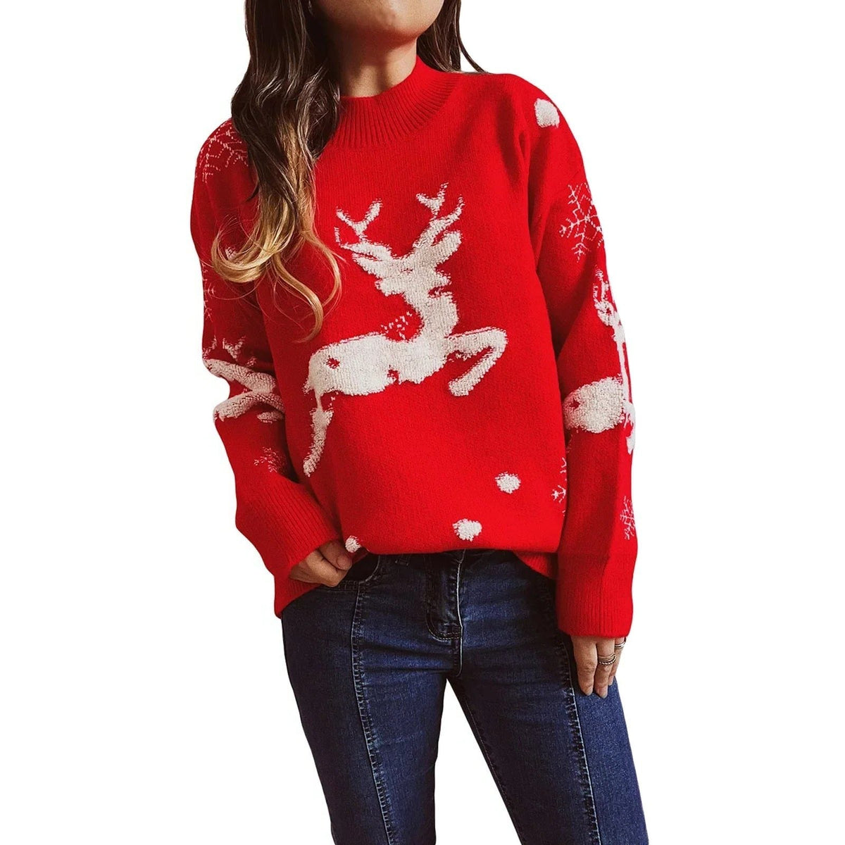 Jersey Navideño de Punto para Mujer con Cuello Redondo y Gran Reno en el Frente