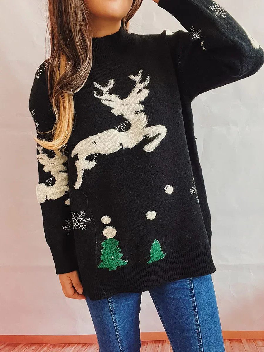 Jersey Navideño de Punto para Mujer con Cuello Redondo y Gran Reno en el Frente