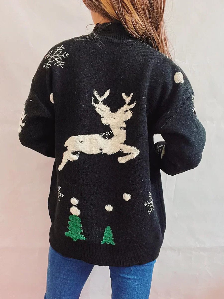 Jersey Navideño de Punto para Mujer con Cuello Redondo y Gran Reno en el Frente