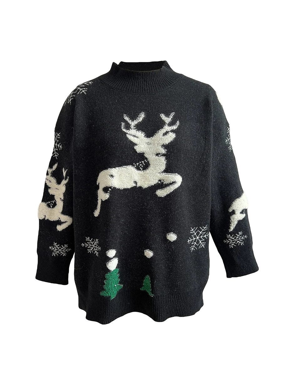 Jersey Navideño de Punto para Mujer con Cuello Redondo y Gran Reno en el Frente